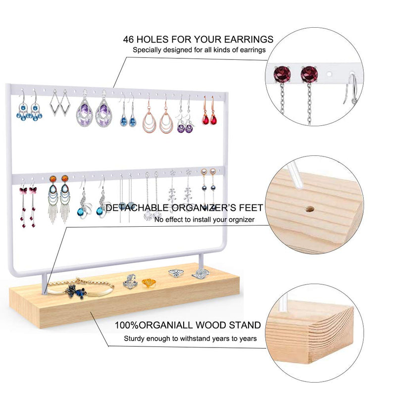 [Australia] - ANNDOFY Earrings Organizer Jewelry Display Stand, 2-Tier Earring Holder Rack for Hanging Earrings, Metal and Wood Basic Large Storage Earring Jewelry Display Tree as Women Girls Gift White 