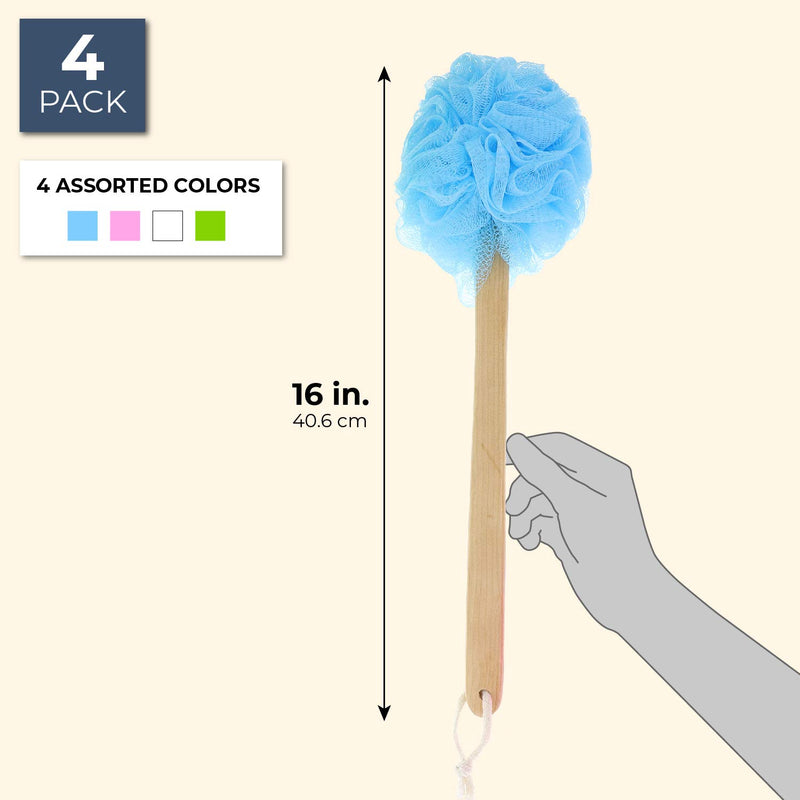 [Australia] - Juvale Bath Shower Body Wash Puff with Long Handle (4 Pack) 4 Colors 