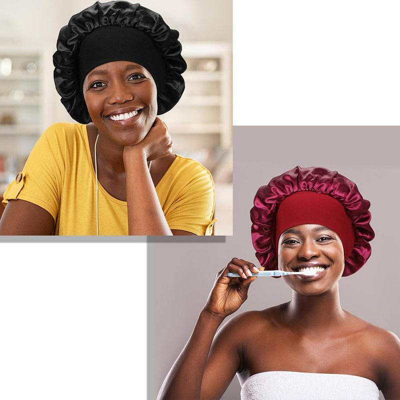 [Australia] - 2 Pieces Wide Band Satin Cap Sleep Bonnet Soft Night Sleep Hat for Women Black+Wine red 
