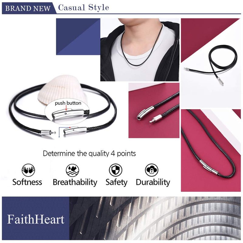 [Australia] - FaithHeart Braided Leather Cord 2MM/3MM Chain Necklace Stainless Steel Durable Snap Clasp, Men Women DIY Waterproof Woven Wax Rope Chain for Pendant (Gift Packaging) 16.0 Inches Black 2MM Width 