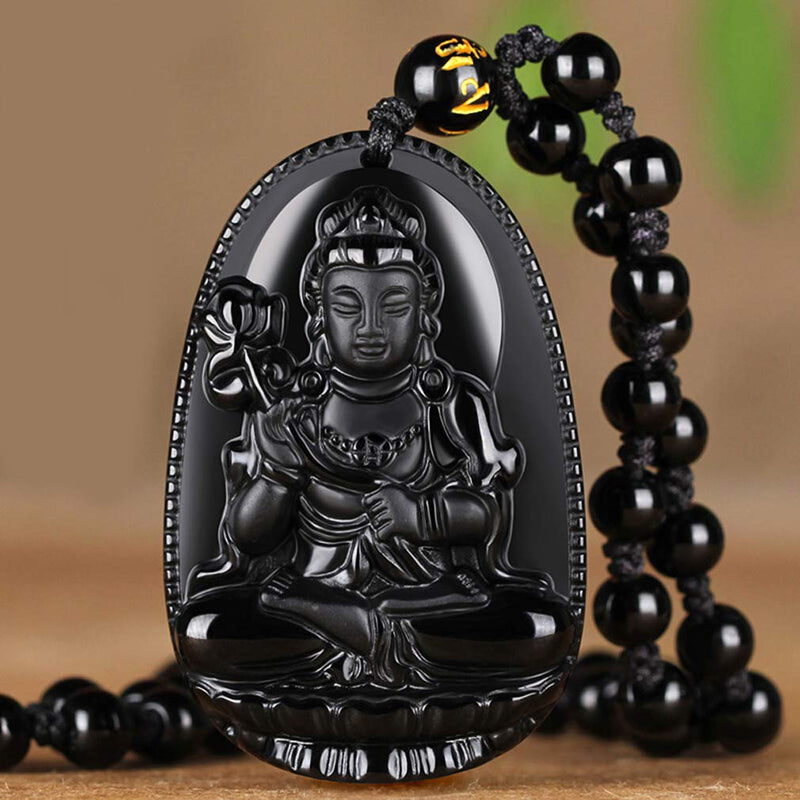 [Australia] - c1lint7785631 Jade Buddha Pendant Necklace Bodhisattva Amulet Talisman Made of Obsidian Gemstone Vajrapani Buddha 