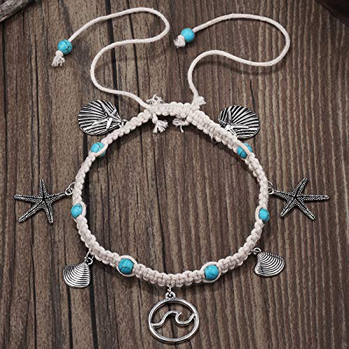 [Australia] - ZHEPIN Blue Starfish Turtle Anklet Multilayer Charm Beads Sea Handmade Boho Anklet Foot Jewelry for Women Girl D:Wave 2 