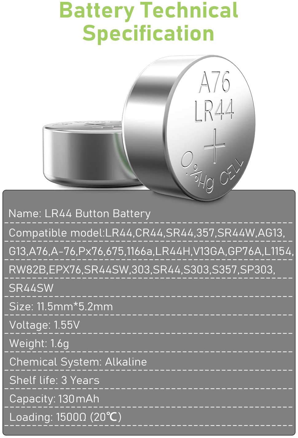 Energizer LR44 1.5V Button Cell Battery x 8 Batteries (Replaces: LR44,  CR44, SR44, 357, SR44W, AG13, G13, A76, A-76, PX76, 675, 1166a, LR44H,  V13GA