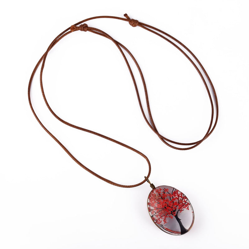 [Australia] - FM FM42 Life of Tree Multi Colors Queen Anne's Lace Dried Flowers Oval Pendant Necklace (4 Colors) Red 