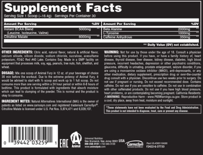 [Australia] - Animal Fury Pre Workout Powder Supplement for Energy and Focus 5g BCAA 350mg Caffeine Nitric Oxide Without Creatine Powerful Stimulant for Bodybuilders, Watermelon, 30 Servings 