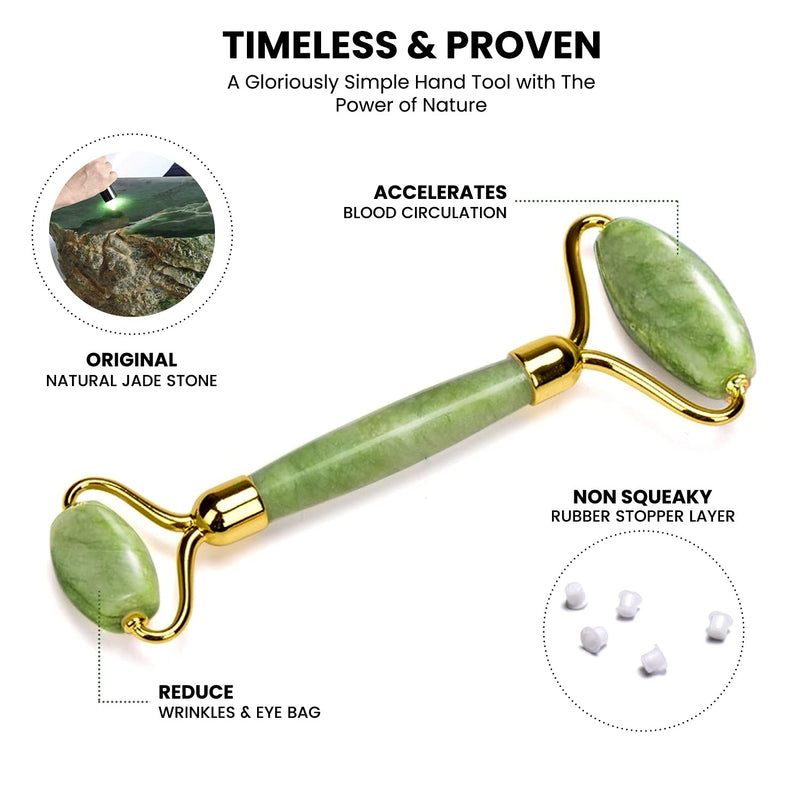 [Australia] - RoselynBoutique Jade Roller Gua Sha Massage Tool Set - Beauty Facial Skin Roller Massager Muscle Relaxing Relieve Wrinkles - Original Natural Jade Stone… Green 