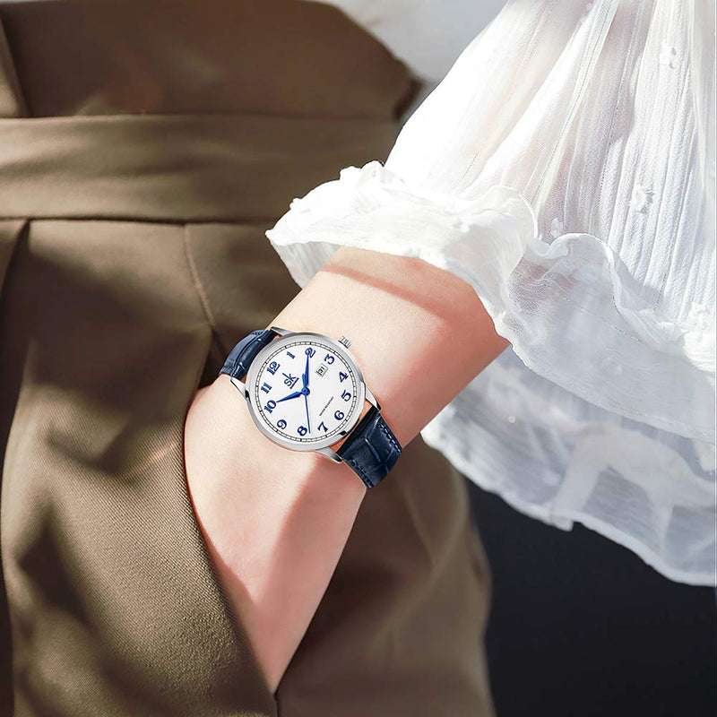 [Australia] - SK Classic Business Women Watches with Stainless Steel Band and Genuine Leather Elegant Ladies Calendar Watch Arabic Number-Blue Leather 