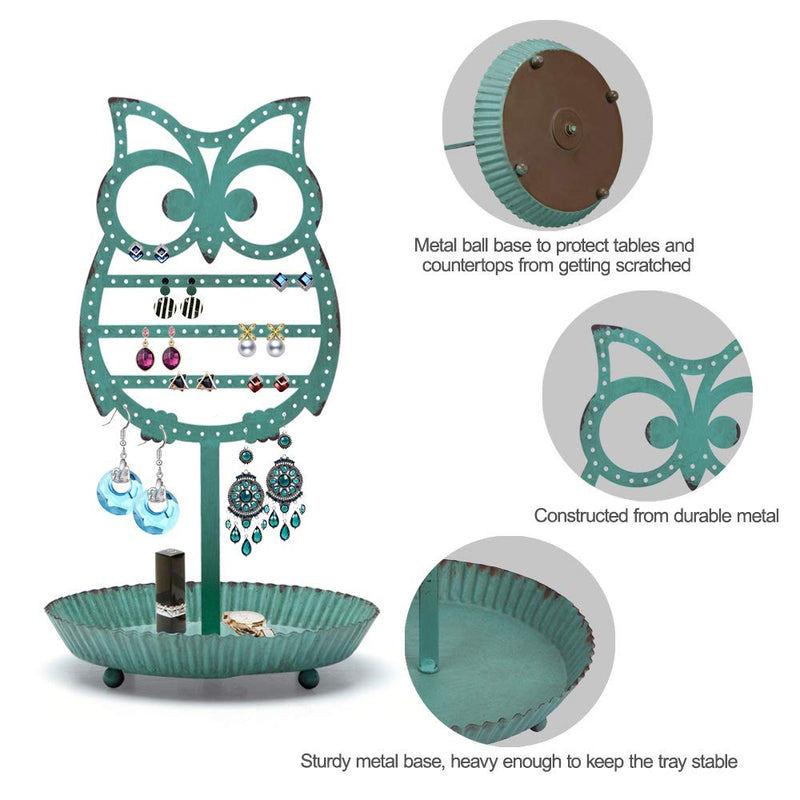 [Australia] - NIKKY HOME Earring Holder Hanging Organizer Stand Metal Jewelry Tree Table Top Owl Ear Stud Holder Tower Rack with Ring Tray for Girls Kids (134 Holes), Teal 13.2-In 