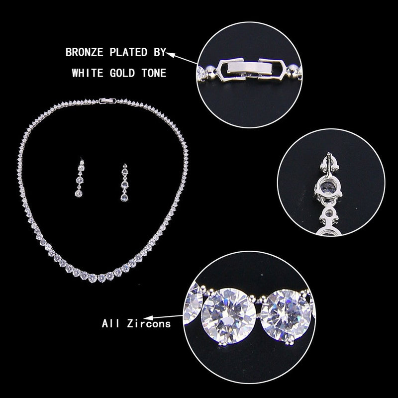 [Australia] - EVER FAITH Wedding Bridal Round Prong Clear CZ Necklace Earrings Set Silver-Tone 