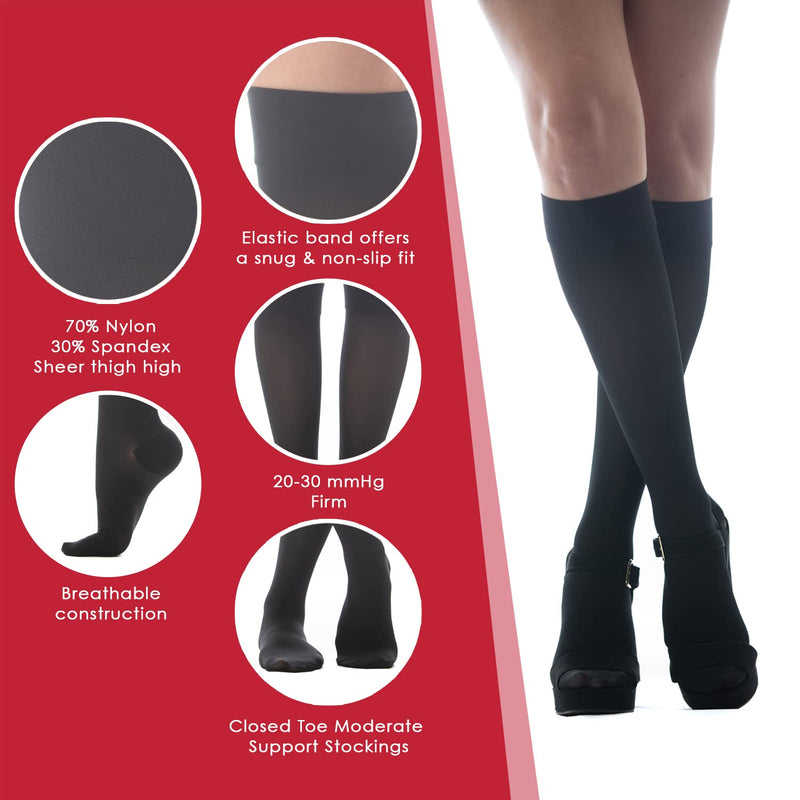 [Australia] - Medicella Premier Closed Toe Knee High Compression Socks for Women 20-30 mmHg Made in USA Medical Quality Sheer Firm Pressure Support Circulation & Travel (Large, Black) Large 