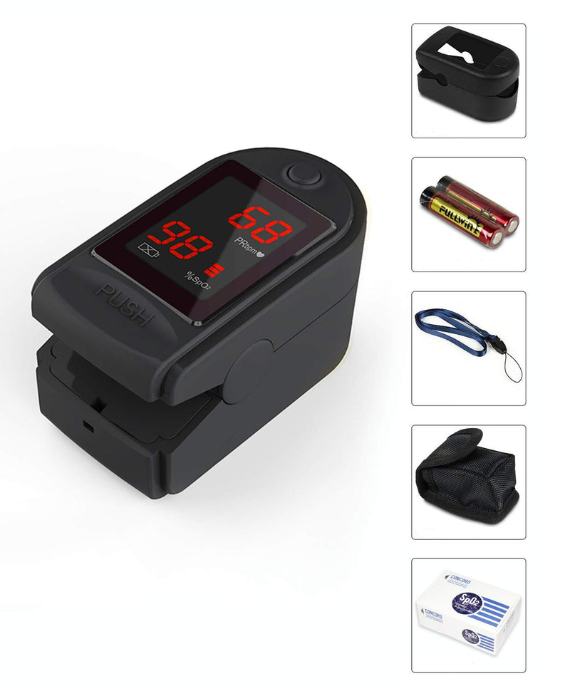 [Australia] - Concord Basics Black Fingertip Pulse Oximeter Blood Oxygen Saturation Monitor with Carrying Case, Batteries, Silicone Cover and Lanyard 