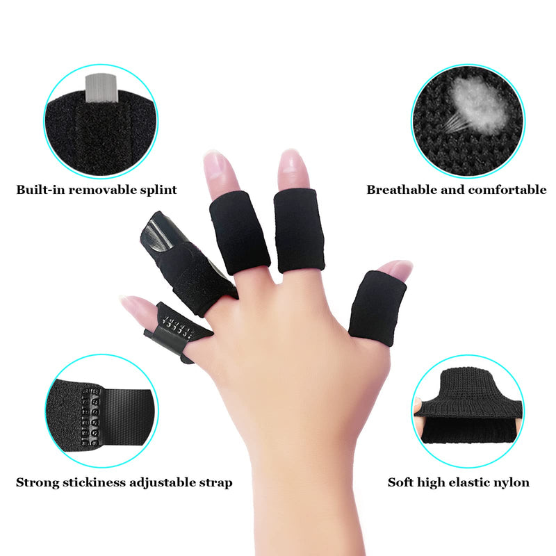 [Australia] - Finger Support Splints, Adjustable Set of 4 Trigger Finger Splint and 10 Nylon Finger Sleeves for Pain Relief, Finger Brace Stabilizer for Broken Finger, Straightening, Arthritis, Injured Finger Black 