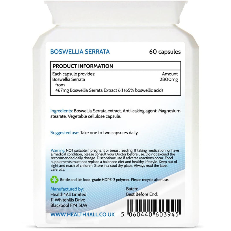 [Australia] - Boswellia Serrata 2800mg 60 Capsules (V) . (not Tablets) Strong Anti-inflammatory OA & Joint Support. Vegan. Made in The UK by Health4All 60 Count (Pack of 1) 