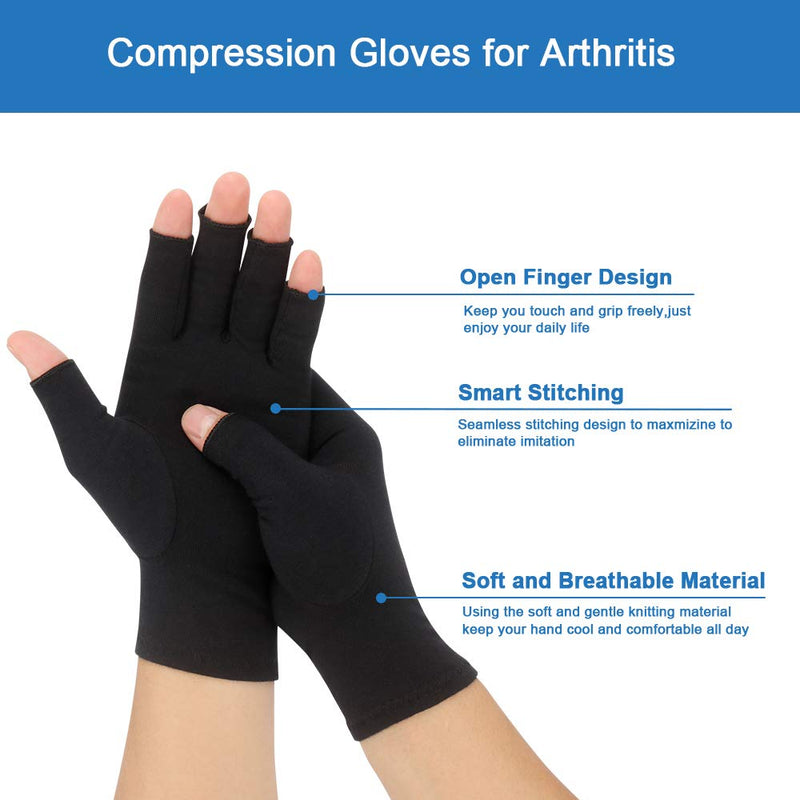 [Australia] - 2-Pair Arthritis Compression Gloves for Alleviate Rheumatoid Osteoarthritis, Carpal Tunnel Raynauds Disease, Ease Muscle Tensi on Fingerless, Breathable & Moisture, Women and Men (Black, Large) Black Large (2 Pair) 