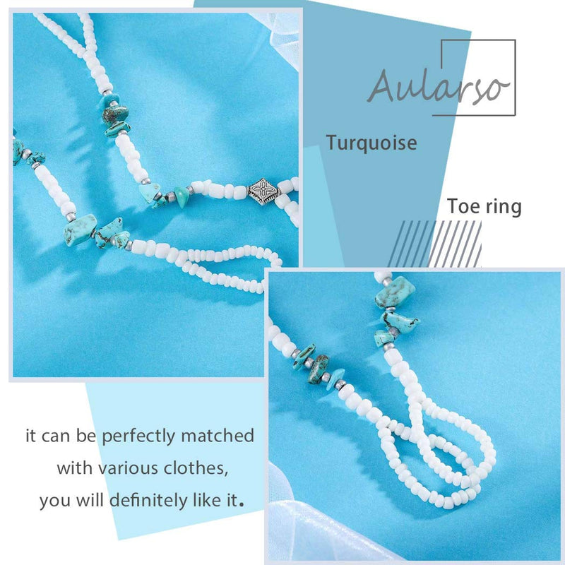 [Australia] - Aularso Boho Anklet Bead Barefoot Sandals Turquoise Ankle Bracelets Ring Foot Chain Beach Feet Jewelry for Women and Girls( 2PCS) 