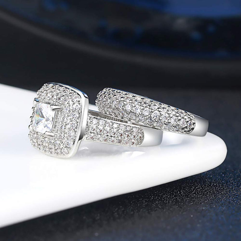 [Australia] - Double Fair Women's Gorgeous Princess Cut Cubic Zirconia Promise Wedding Ring Set Engagement Bridal Band White Gold Plated 5 
