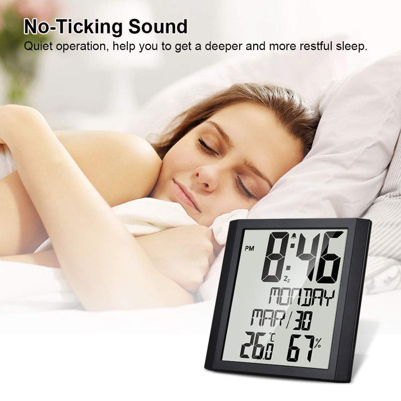 [Australia] - Number-one Slim Calendar Digital Wall Clock with 8.8'' HD TN Large Display, Indoor Digital Temperature & Humidity Display, Full Calendar and Snooze Function for Home Office (Black) 