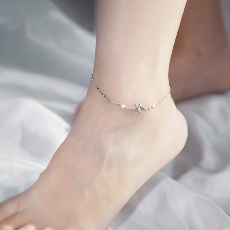 [Australia] - POPLYKE 925 Sterling Silver Infinity/Cross/Mermaid/Starfish/Pearl Anklet for Women Summer Jewelry B - Starfish Anklet 