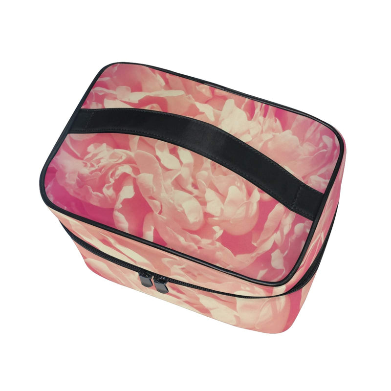 [Australia] - ATONO Peony Flower Retro Pink Makeup Cosmetic Toiletry Storage Bags Square Portable Travel Case Zipper Organizer Brush Holder Handbags for Grils & Womens 