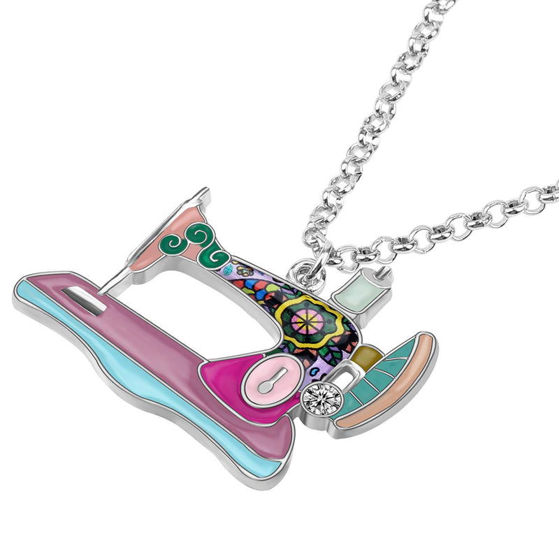 [Australia] - BONSNY Statement Enamel Rhinestone Chain Sewing Machine Necklaces Pendant Original Design for Women Girls Jewelry Pink 