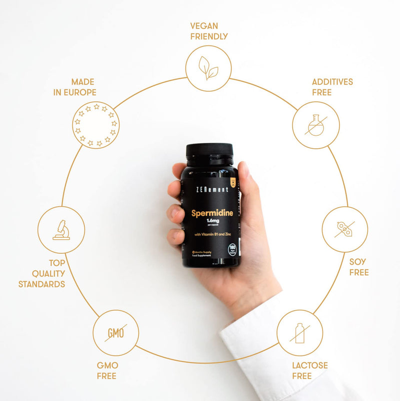 [Australia] - Spermidine, 180 Capsules | 1.6mg per Capsule, with Vitamin B1 and Zinc | Wheat Germ Extract | Anti-Aging, Healthy Aging | Vegan, Additives Free, Non-GMO | Zenement 