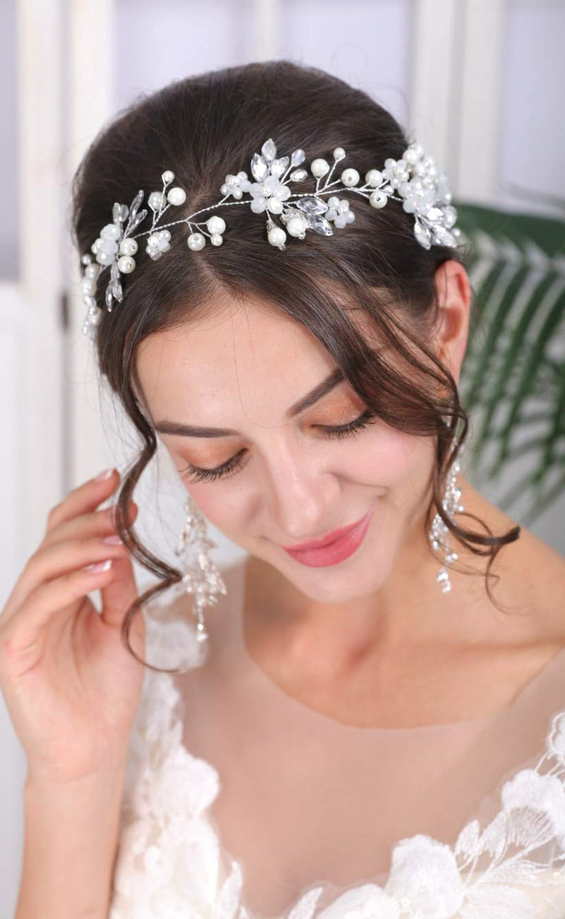 [Australia] - Sither Bridal Headband Wedding Silver Hair Band Vine Bridal Headband Hair Accessories Hair Vine Headpiece for Bride Hair Clips for Prom Party 