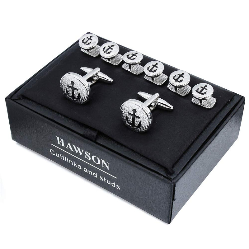 [Australia] - HAWSON Cufflinks and Studs for Men-Flower Pattern Men Fashion Tuxedo Shirt Silver Cufflinks and Studs Set for Regular Weeding Business Accessories 40144 