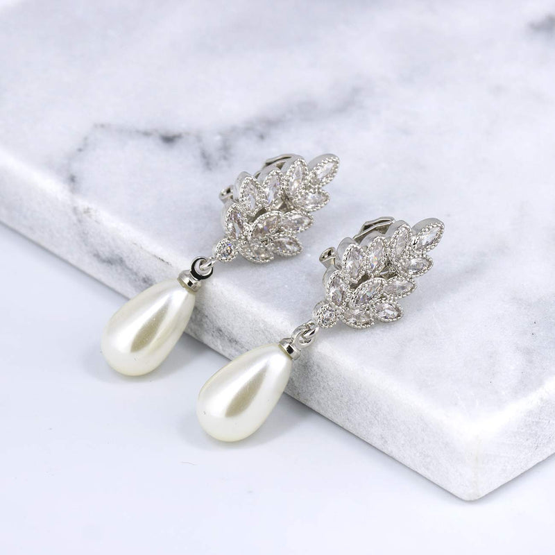 [Australia] - QUKE Women Silver Tone Cubic Zirconia Crystal Simulated Pearl Dangle Bridal Earring Lady Wedding Jewellery Clip on 