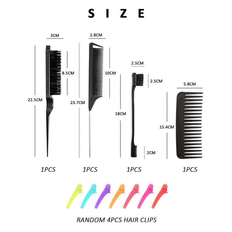[Australia] - 3-Piece Heat Resistant Anti-Static Comb Grooming Edge Brush, Curling Comb Fluffy Hair Comb Steel Needle Tip Tail Comb for Hairdressing with 4 Duckbill Clips and 1 Wide Tooth Comb 