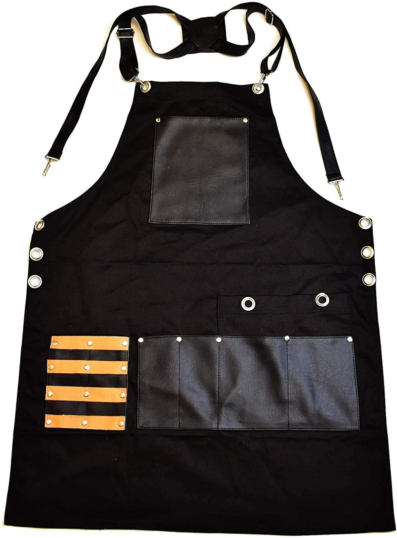 [Australia] - Professional Barber Jeans Apron for Men | Hairdresser Aprons with 8 Waterproof Leather Pockets, Heavy Duty Premium Quality, Salon Apron for Men & Women (Black) Black 