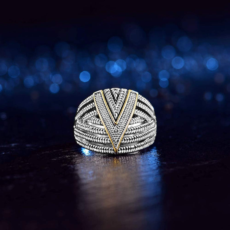 [Australia] - Mytys Silver 2 Tone Wide Statement Rings Vintage Cable Wire Crossover Chunky Band Rings for Women Men 2 Tone V 6 