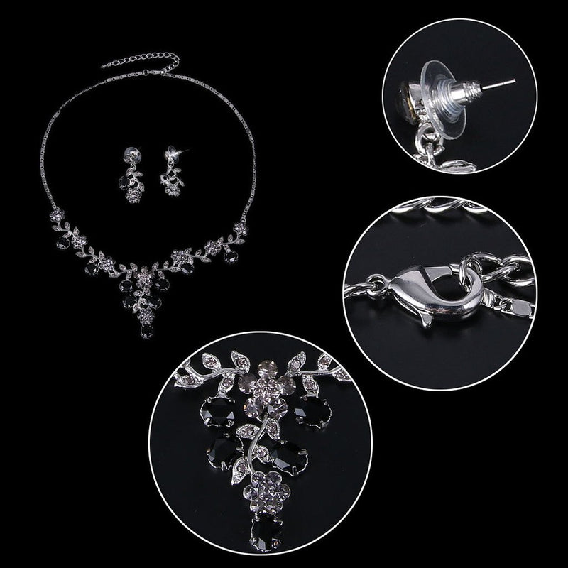 [Australia] - EVER FAITH Flower Leaf Necklace Earrings Set Austrian Crystal 2-Black Silver-Tone 