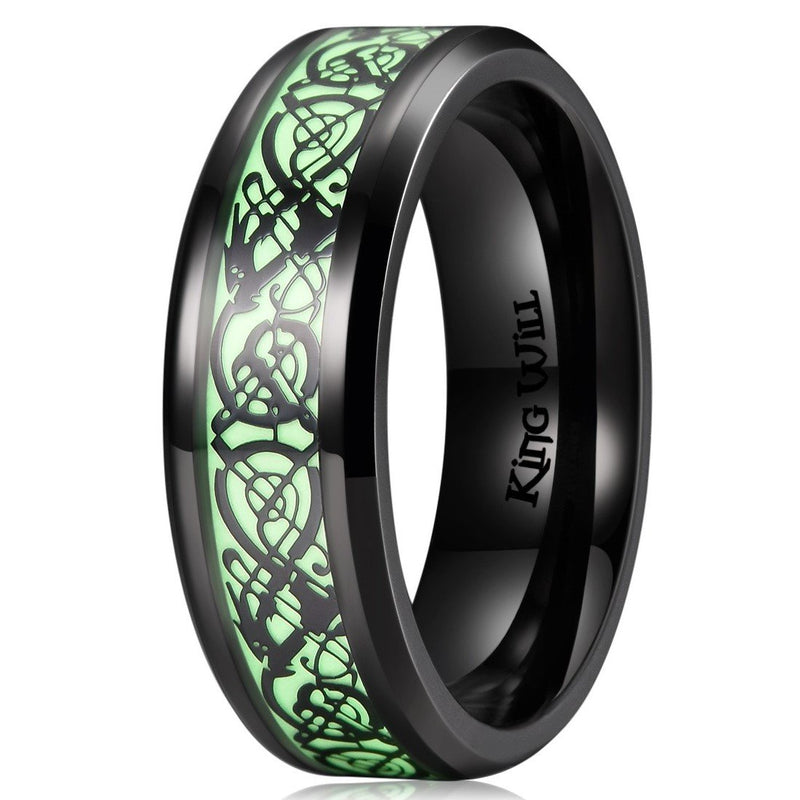 [Australia] - King Will Aurora 7mm/8mm Green/Blue Celtic Dragon Aurora Luminou Glow Black/Silver Titanium Wedding Ring for Unisex 7mm Green Light 6 