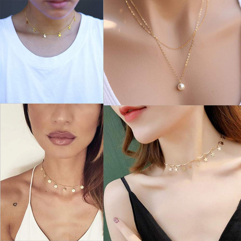 [Australia] - Dremcoue 12 Pcs Layered Choker Necklace for Women Girls Handmade Dainty Chain Necklace Set Pearl Coin Circle Bar Moon CZ Star Pendant Necklace 16 Pcs Gold 