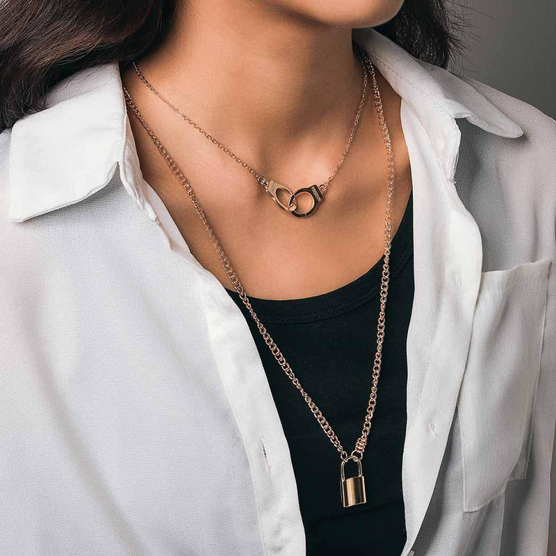 [Australia] - Mosako Punk Layered Necklaces Lock Pendant Necklace Chain Gold Handcuffs Necklace Jewelry for Women and Teen Girls 