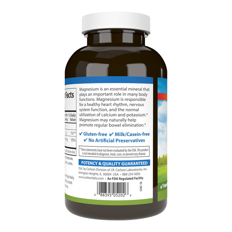 [Australia] - Carlson - Magnesium Gels, 400 mg of Magnesium per Softgel, Heart & Muscle Support, Magnesium Gel Caps, Bowel Function, Magnesium Supplement, 250 Softgels 250 Count (Pack of 1) 