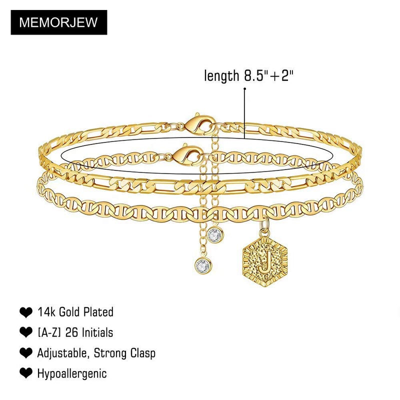 [Australia] - Memorjew Initial Ankle Bracelets for Women, 14K Gold Plated Double Layered Initial Anklets Jewelry for Women Teen Girls J 