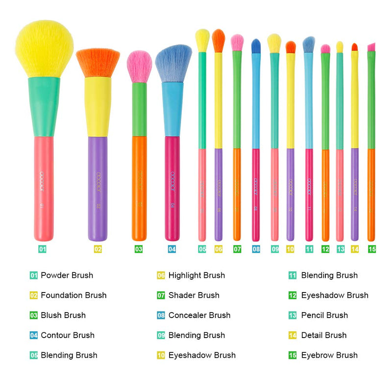 [Australia] - Docolor Makeup Brushes 15 Pcs Colourful Makeup Brush Set Premium Synthetic Kabuki Brush for Foundation Cream Liquid Blending Face Powder Blush Concealers Eyeshadow Rainbow Make Up Brush Set 