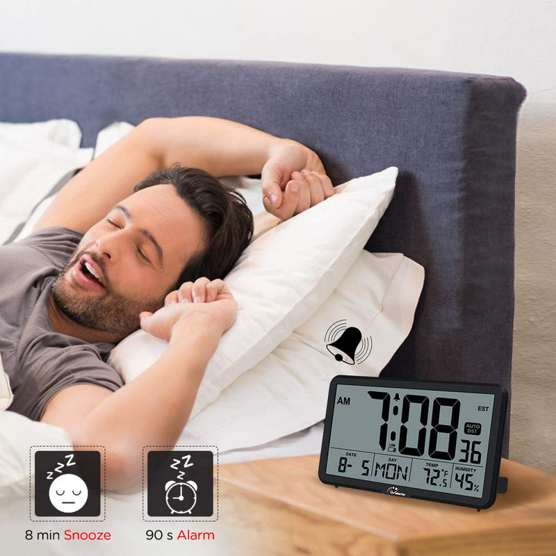 [Australia] - WallarGe Auto Set Digital Wall Clock Battery Operated,Desk Clocks with Temperature,Humidity and Date,Large Display Digital Calendar Alarm Clock for Elderly,Bedroom,Office,8 Time Zone, Auto DST. Black 