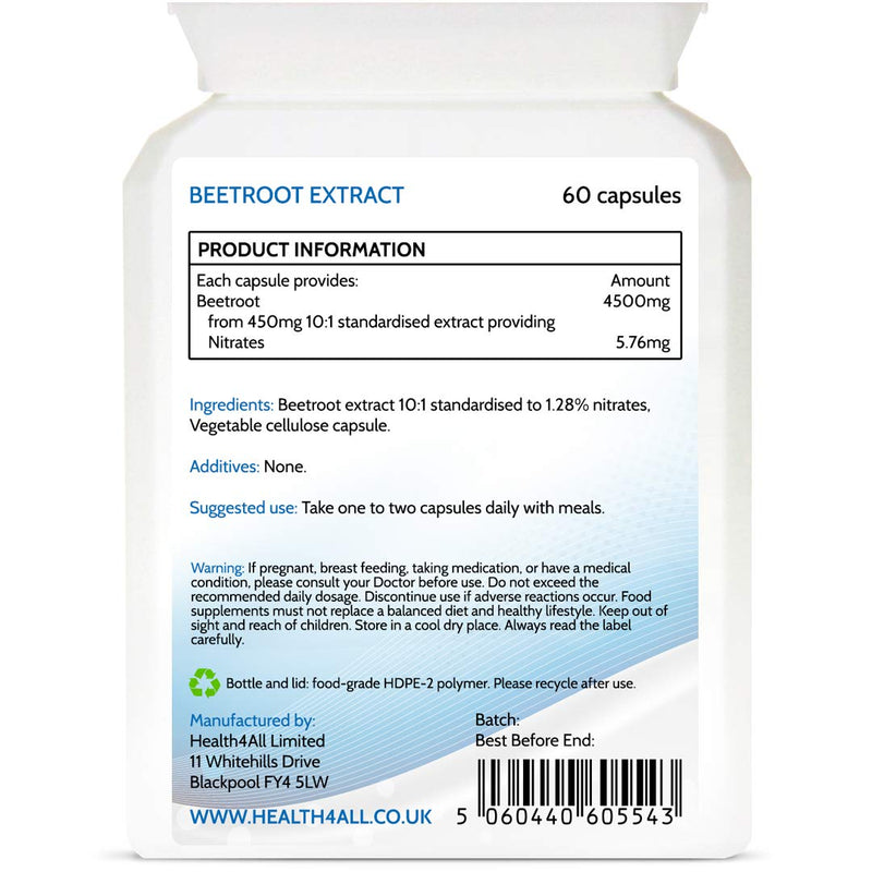 [Australia] - Beetroot Extract 4500mg 60 Capsules (V). (not Tablets) Purest: no additives Vegan Supplement standardised to nitrates Contents. Made in The UK by Health4All 60 Count (Pack of 1) 