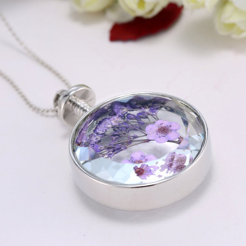 [Australia] - Dried Pressed Purple Flower Necklace Heart Round Shape Glass Pendant Necklace for Women Girl 