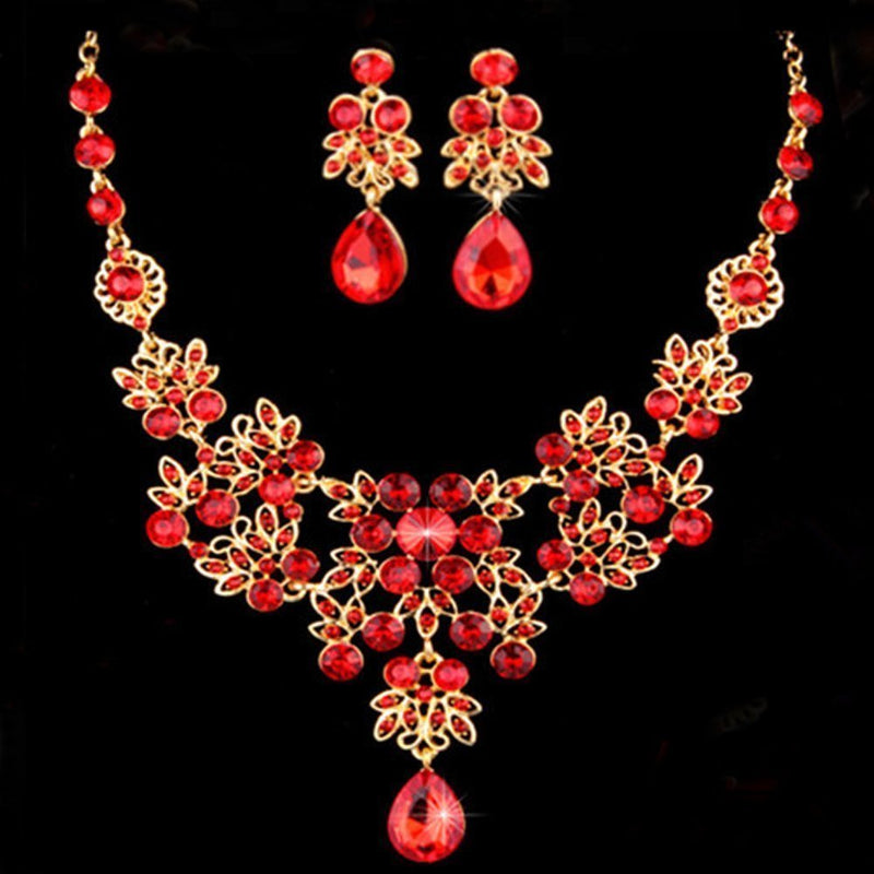 [Australia] - Dxhycc Silver Red Alloy Rhinestone Earrings Crystal Pendant Necklace Bridal Jewelry Set (Red) 