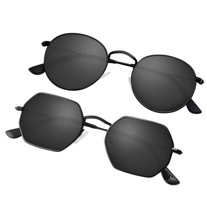[Australia] - GRFISIA Small Round Polarized Sunglasses Women and Men Vintage Hexagon Square Sun glasses UV400 Protection 2 Pack*black Frame-gray Lens 