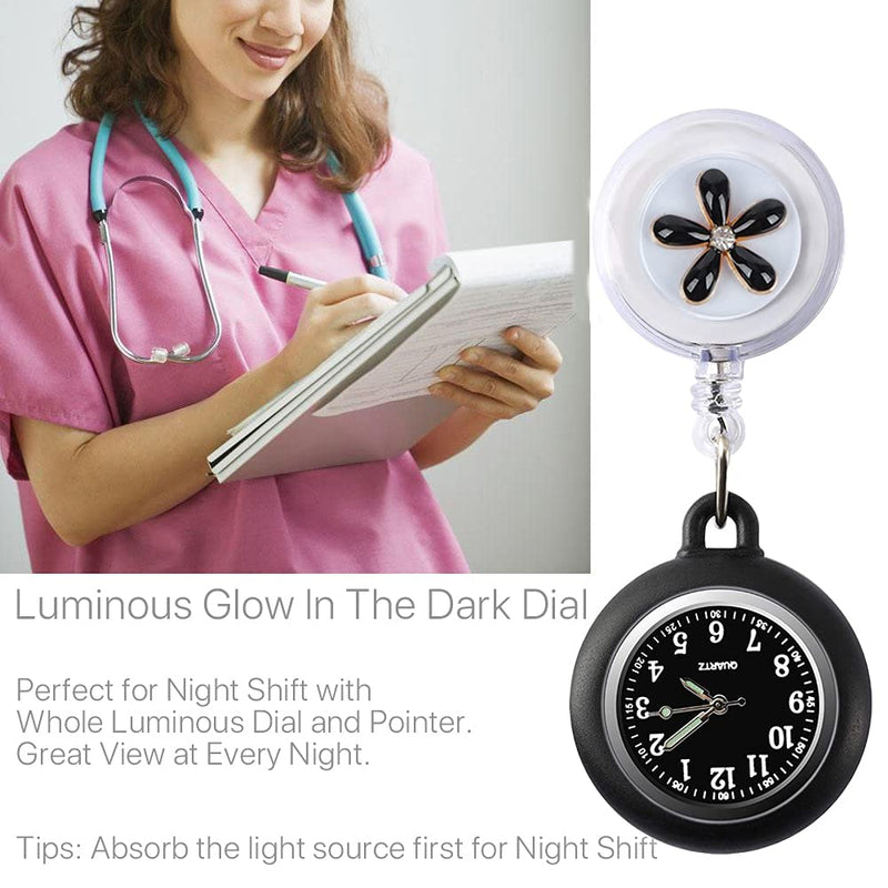[Australia] - Retractable Nurse Fob Watch for Nurses Doctors Paramedics, 2 Pcs Luminous Clip-on Hanging Lapel Pocket Watches with Cute Flower Pattern, Pointer Glow in Dark 
