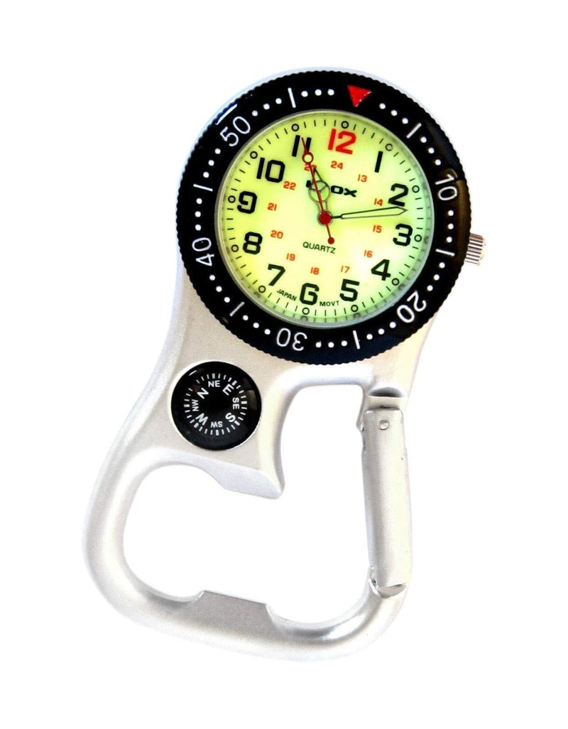 [Australia] - White Silver Clip on Carabiner FOB Watch with Green Luminous Face and Compass and Bottle Opener for Doctors Nurses Paramedics Chefs 