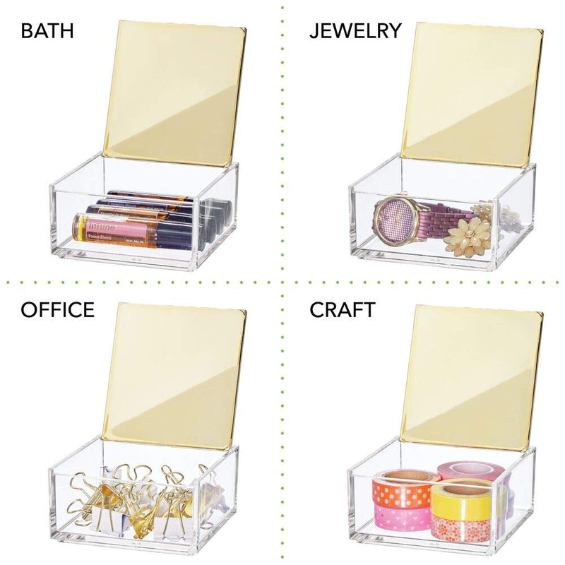 [Australia] - mDesign Mini Makeup Organizer Box with Decorative Lid for Bathroom Vanity Countertops, Cabinet - Store Eye Shadow Palettes, Lipstick, Lip Gloss, Blush, Concealer, Jewelry - Plastic, Clear/Soft Brass 4 x 4 x 2 