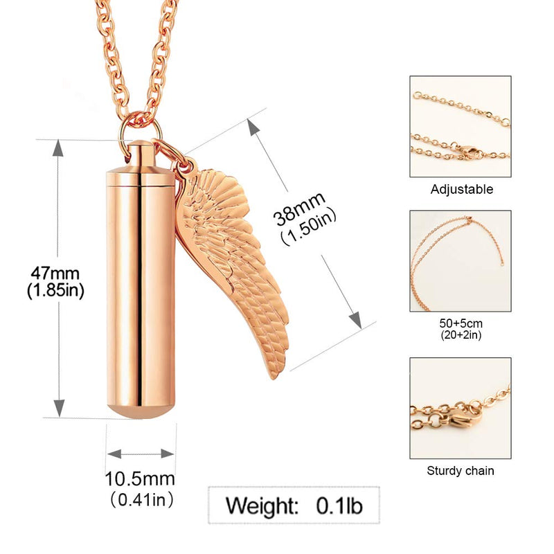 [Australia] - XIUDA Cremation Jewelry Urn Necklace for Ashes with Angel Wing Charm & Cylinder Eternity Stainless Steel l rosegold non-engraving 