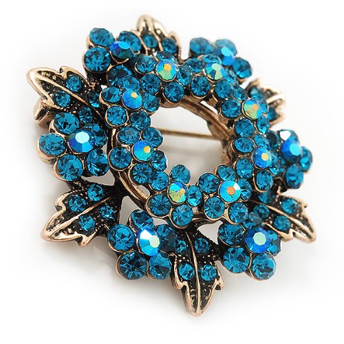 [Australia] - Avalaya Turquoise Coloured Crystal Wreath Brooch in Antique Gold Metal - 4cm Diameter 