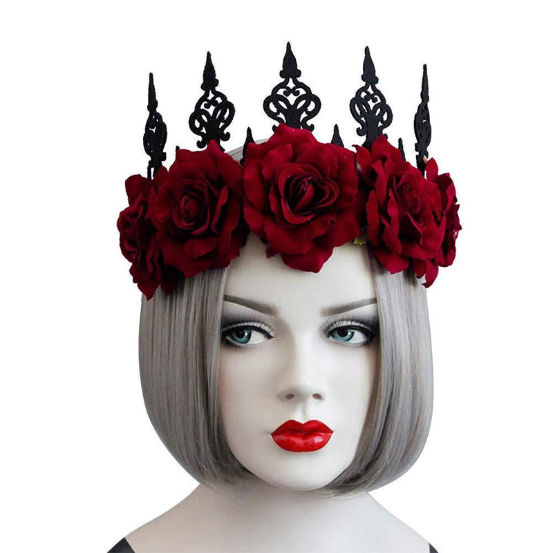 [Australia] - Gothic Floral Crown Headband Bridal Flower Garland Headband Hair Wreath Garland Floral Headpiece with Ribbon Women Girls Flower Tiara Hair Accessories for Wedding Cosplay Halloween Party Photography Wine Red 