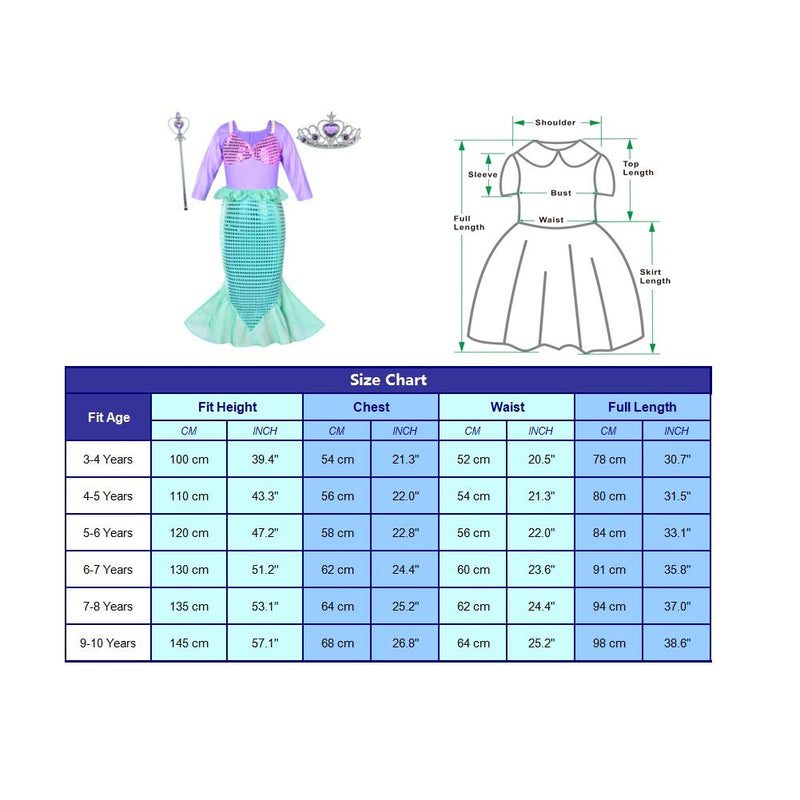 [Australia] - Little Girls Mermaid Princess Costume Dress for Girls Dress Up Party with Crown Mace 4-12 Years 3-4T Green 